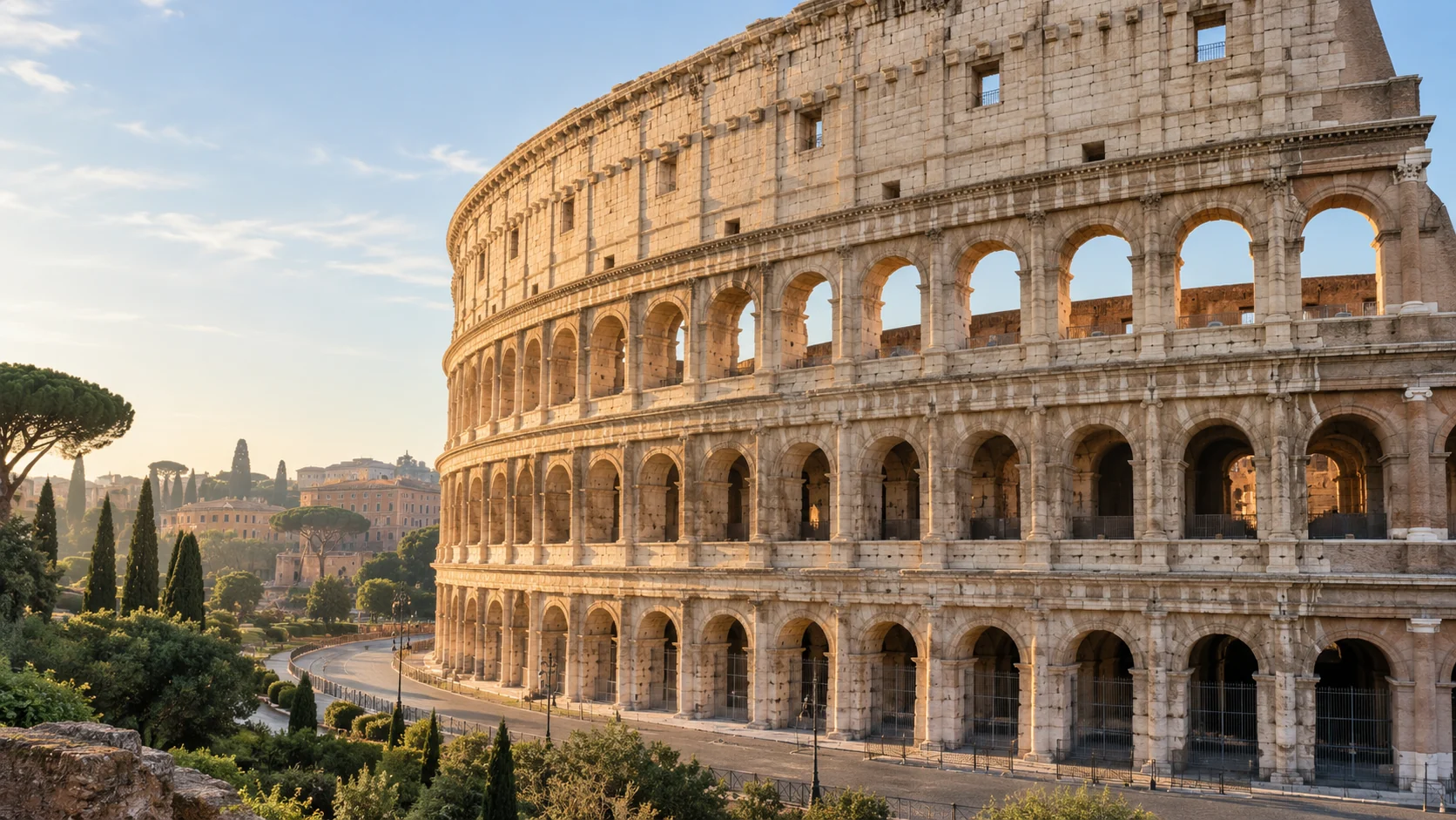 An artistic impression of Rome’s Colosseum in warm morning light